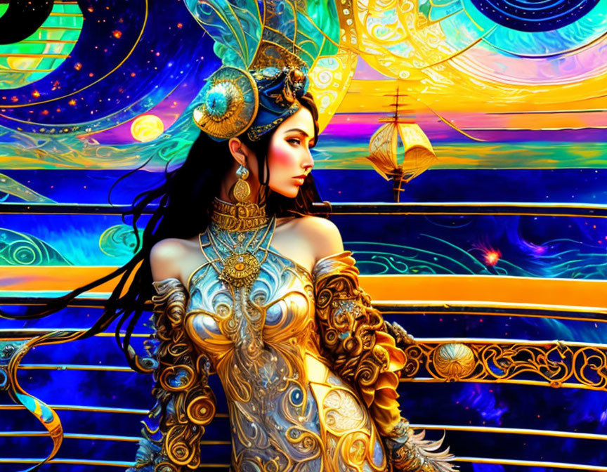 Illustration of woman in golden armor with celestial ship background