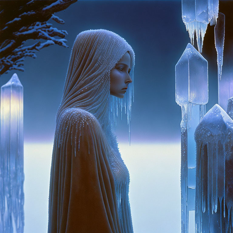 Blue-toned image of woman in textured cloak surrounded by ice crystals.