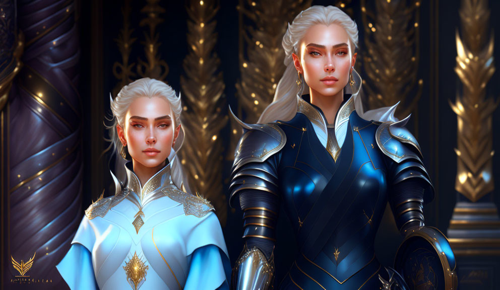 Fantasy Characters in Ornate Armor with White Hair on Opulent Background