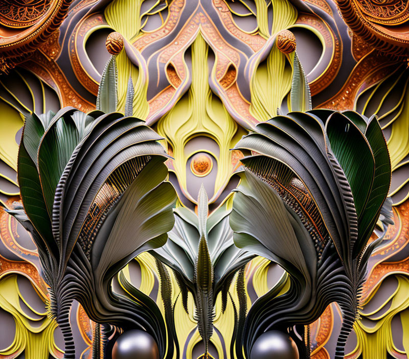 Symmetrical metallic fractal design with leaf, orb, and intricate patterns