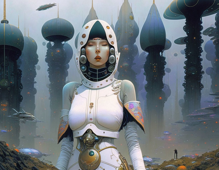 Futuristic female android in intricate armor among alien structures