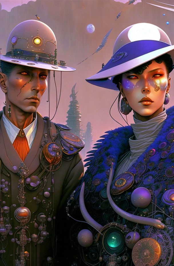 Futuristic steampunk characters with ornate attire and glowing accessories.