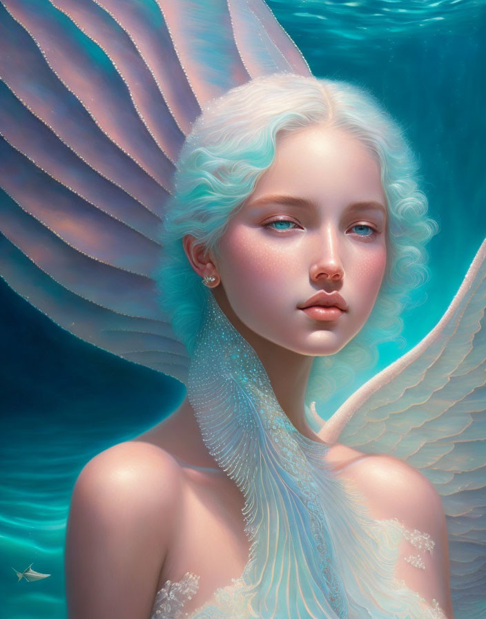 Fantasy illustration of young woman with white wings in teal aquatic setting