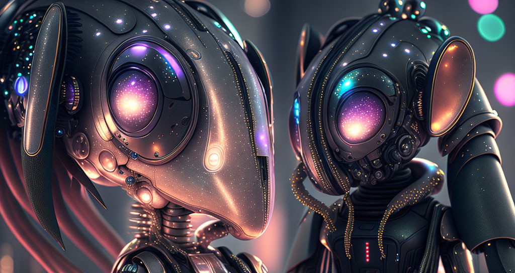 Futuristic robots with intricate designs and glowing eyes