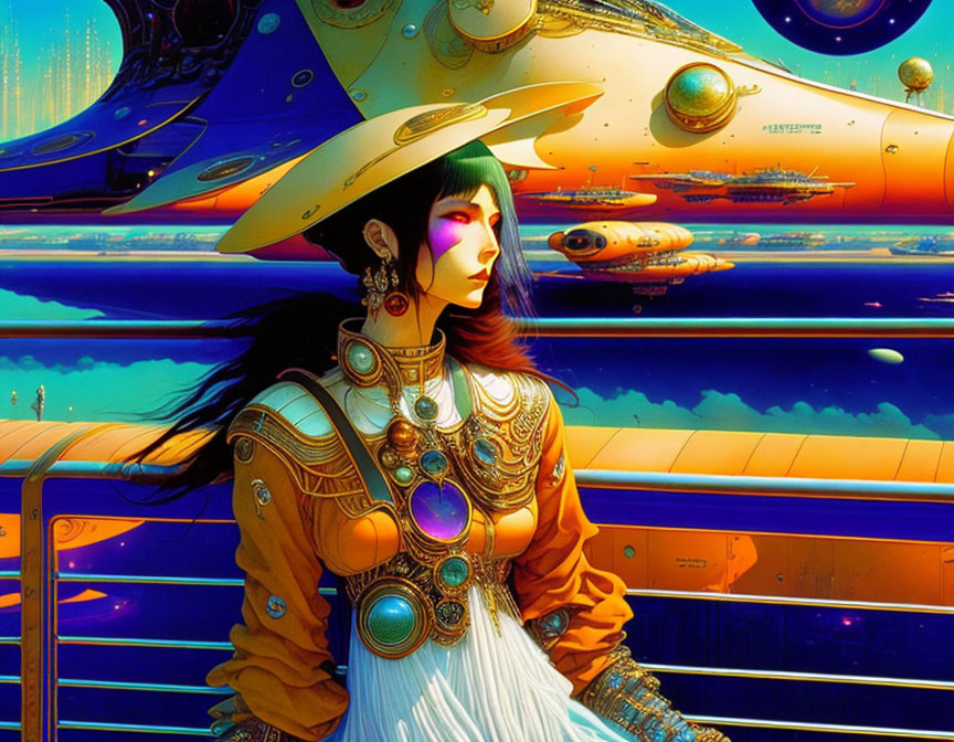 Futuristic woman in green hair and golden armor with space crafts and celestial bodies