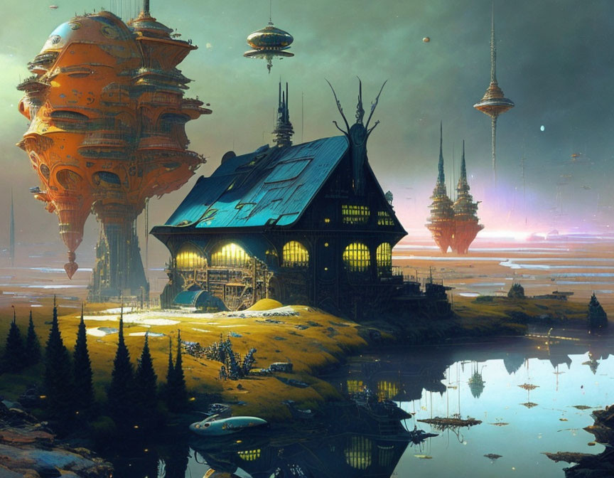 Futuristic landscape with floating cities over traditional house at twilight