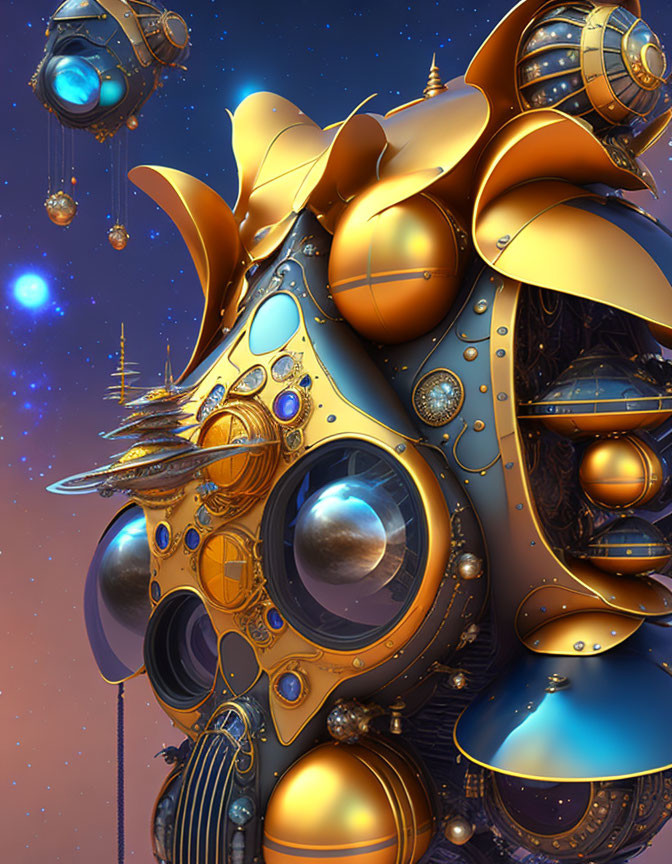 Steampunk-style spacecraft with golden details in starry space