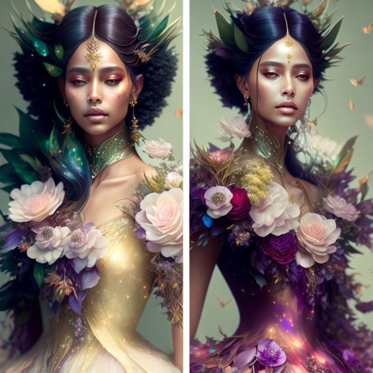 Woman with Floral and Feather Adornments in Ethereal Lighting