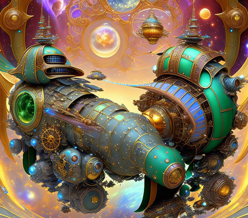 Steampunk spaceship with gears in cosmic scene