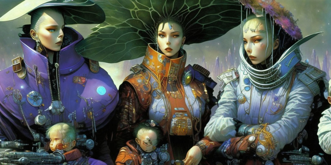 Futuristic characters and babies in sci-fi setting with detailed design.