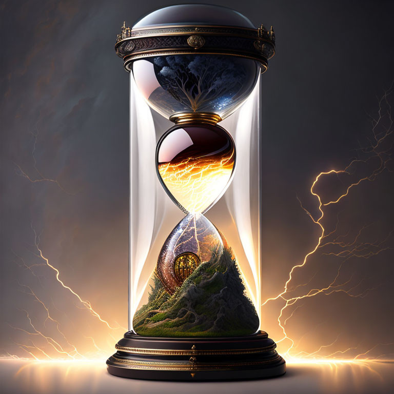 Hourglass with Natural Landscapes Against Stormy Background