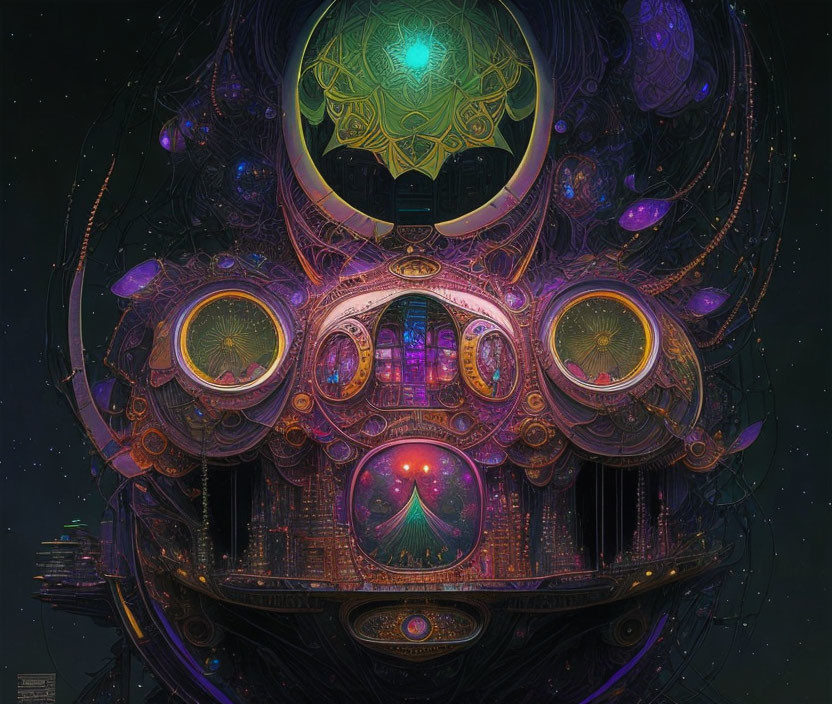 Detailed digital artwork: celestial, mechanical structure, vibrant colors, ornate details, cosmic figure.