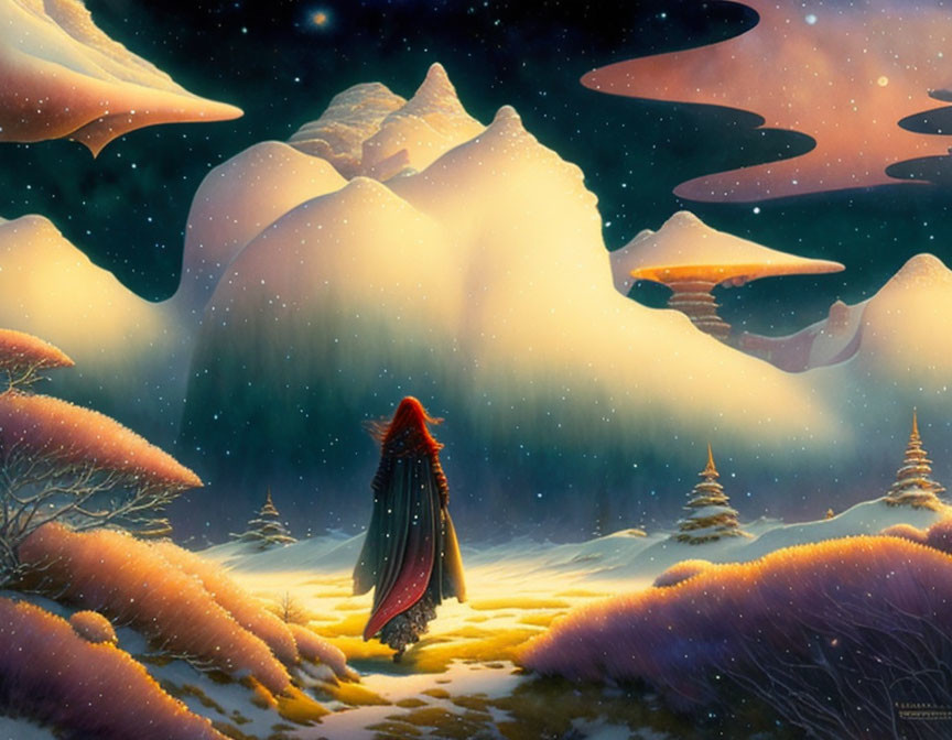 Cloaked figure in snow-covered landscape under starlit sky