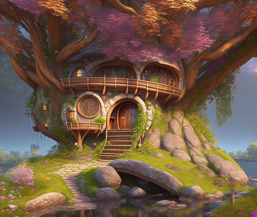 Whimsical treehouse with circular door in vibrant autumn setting