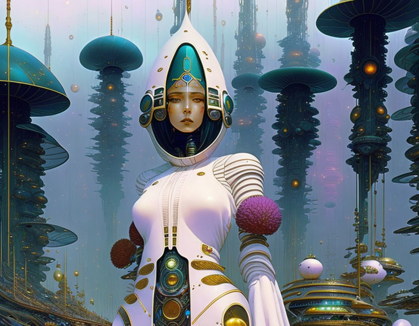 Futuristic female figure in white and gold attire against otherworldly cityscape