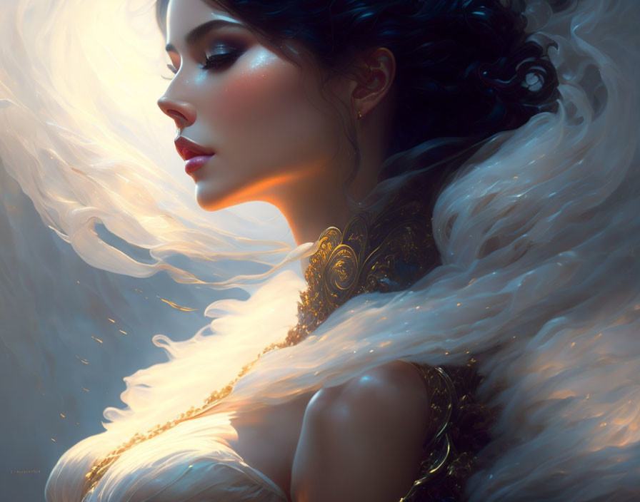 Ethereal woman digital artwork with flowing attire and golden ornament