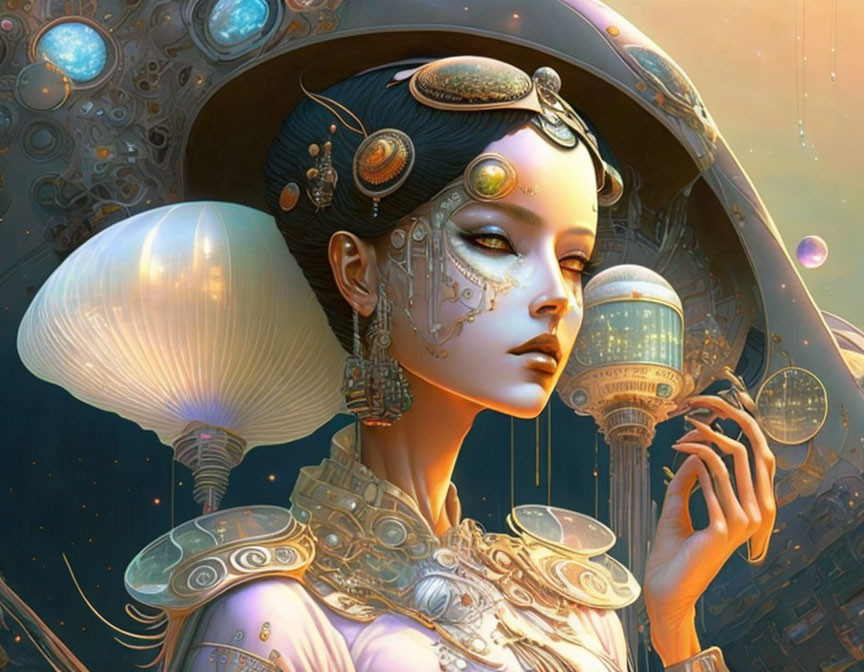 Illustrated woman with elaborate headdress in futuristic setting.