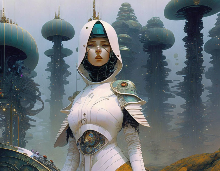 Futuristic female figure in white space suit among misty alien structures