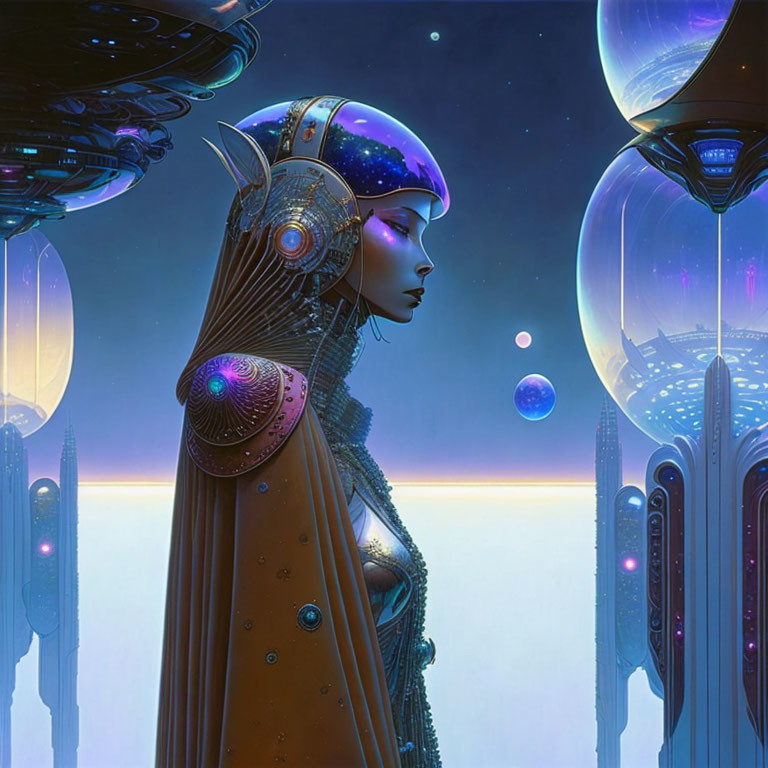 Futuristic female figure in ornate helmet and cape amidst blue-lit architecture and floating orbs