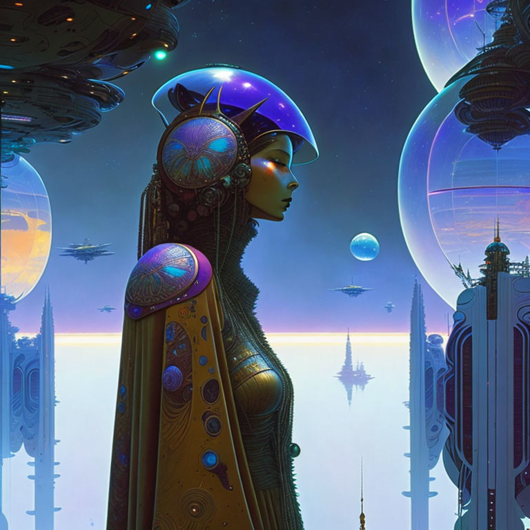 Futuristic female figure in sci-fi setting.