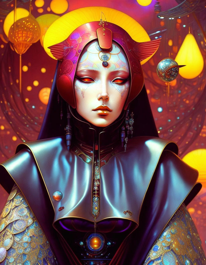 Stylized digital artwork of futuristic female figure with elaborate headgear