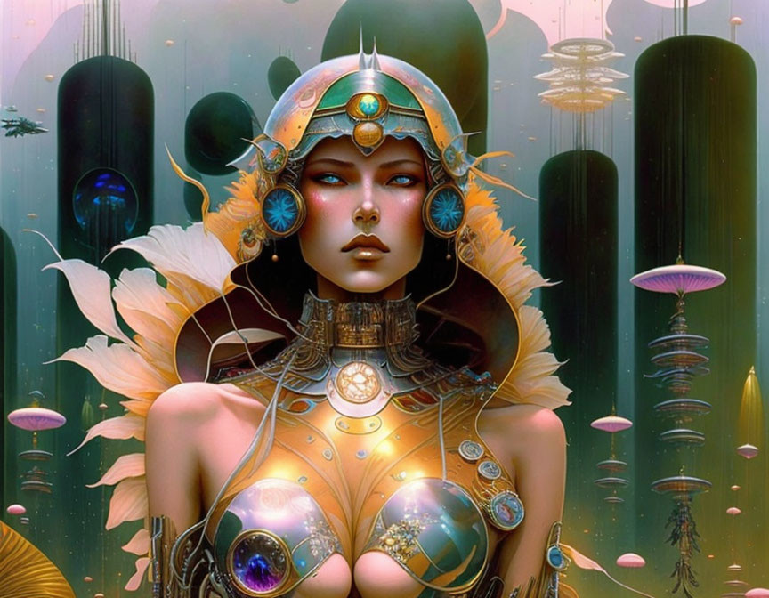 Fantasy illustration: Female figure in ornate armor and headdress with gemstones, set in futuristic