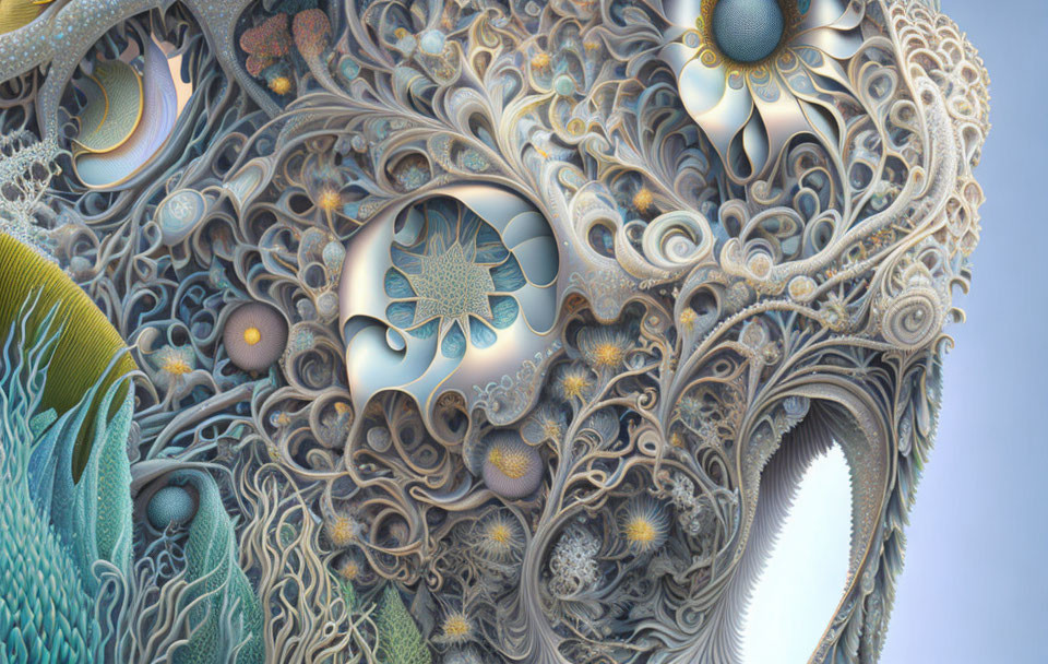 Intricate Pastel Fractal Image with Biological and Geometric Patterns