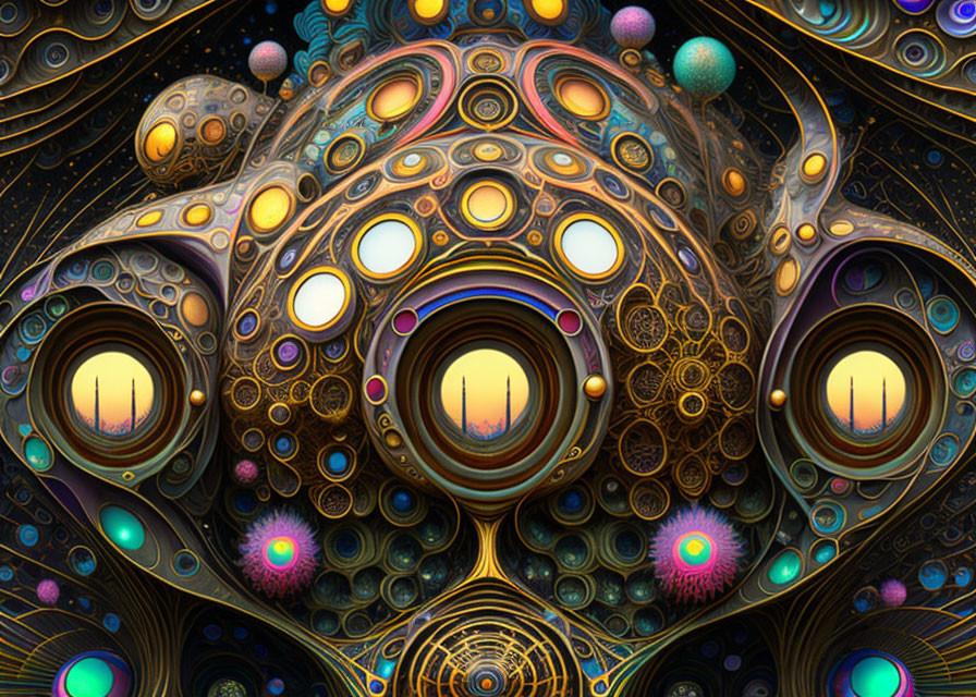 Colorful fractal art: intricate patterns, psychedelic colors, spherical shapes, fluorescent orbs, golden fil