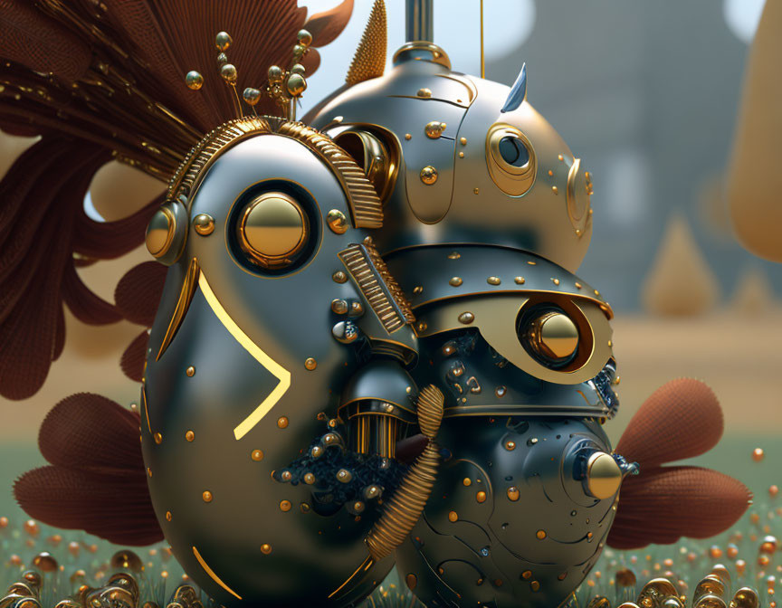 Steampunk robot with gears and ornate metalwork among mechanical flowers