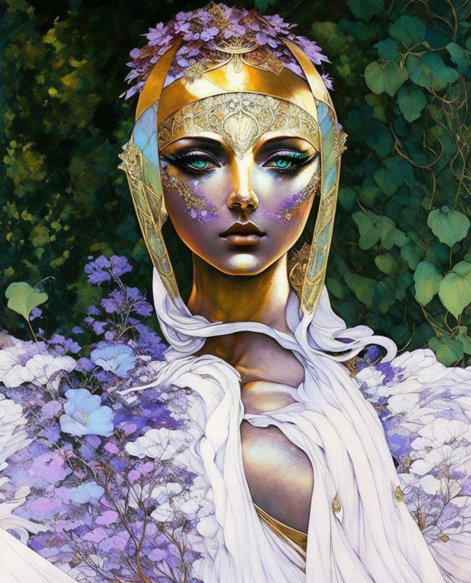 Golden headdress woman in lush greenery with purple flowers