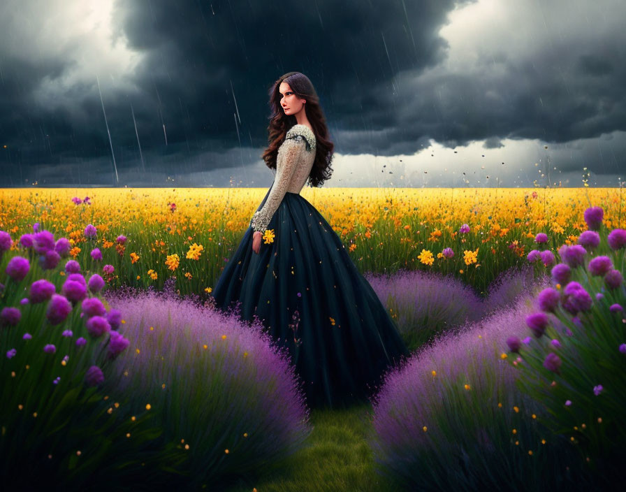 Woman in Dark Dress Standing in Flower Field During Stormy Weather