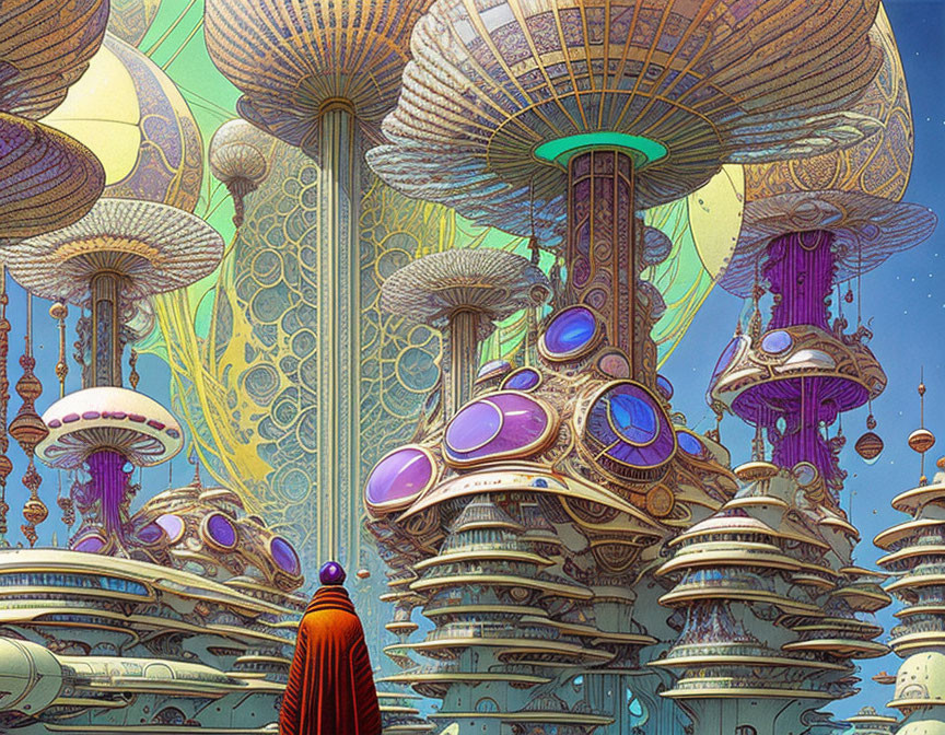 Cloaked figure observing futuristic city with mushroom-like structures and floating orbs