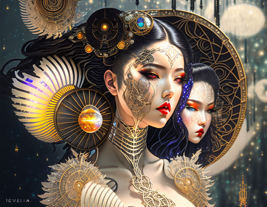 Elaborate Golden Headdresses and Mystical Tattoos on Woman Portrait