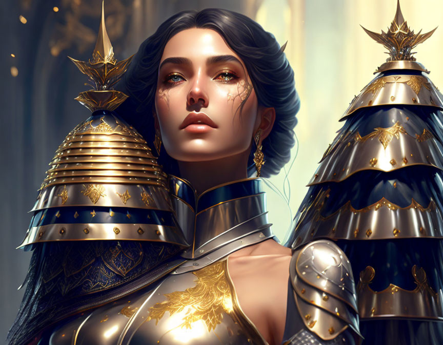 Regal woman in golden armor exuding strength and elegance