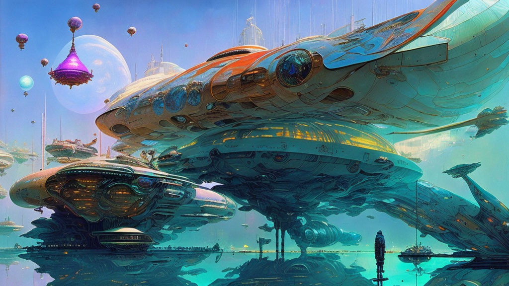 Futuristic cityscape with floating vessels and sleek buildings against a blue sky.