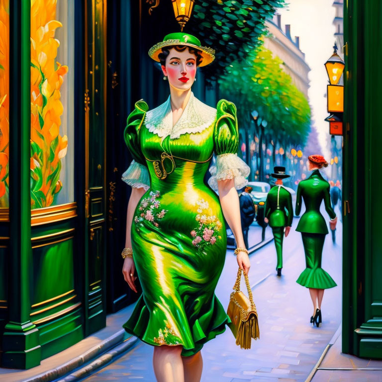 Colorful illustration: Woman in green vintage attire walking on elegant street.