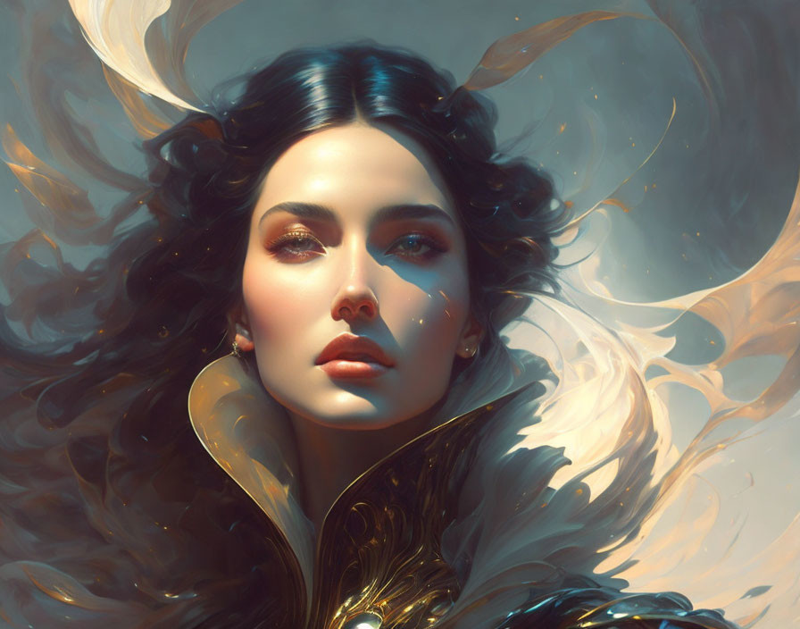 Digital Painting: Woman with Dark Hair and Ethereal Light, Gold Detailing