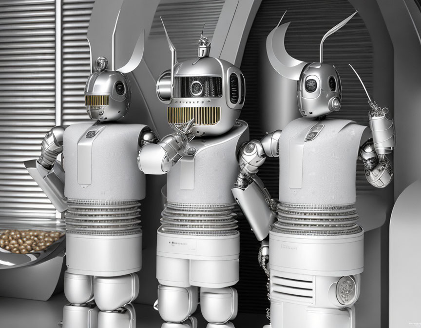 Three humanoid retro-styled robots with unique antennas and mechanical features