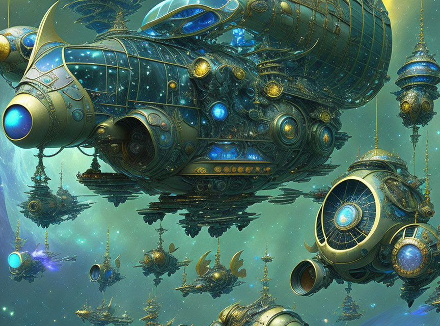 Fantastical underwater scene with intricate submarines and teal-gold color scheme