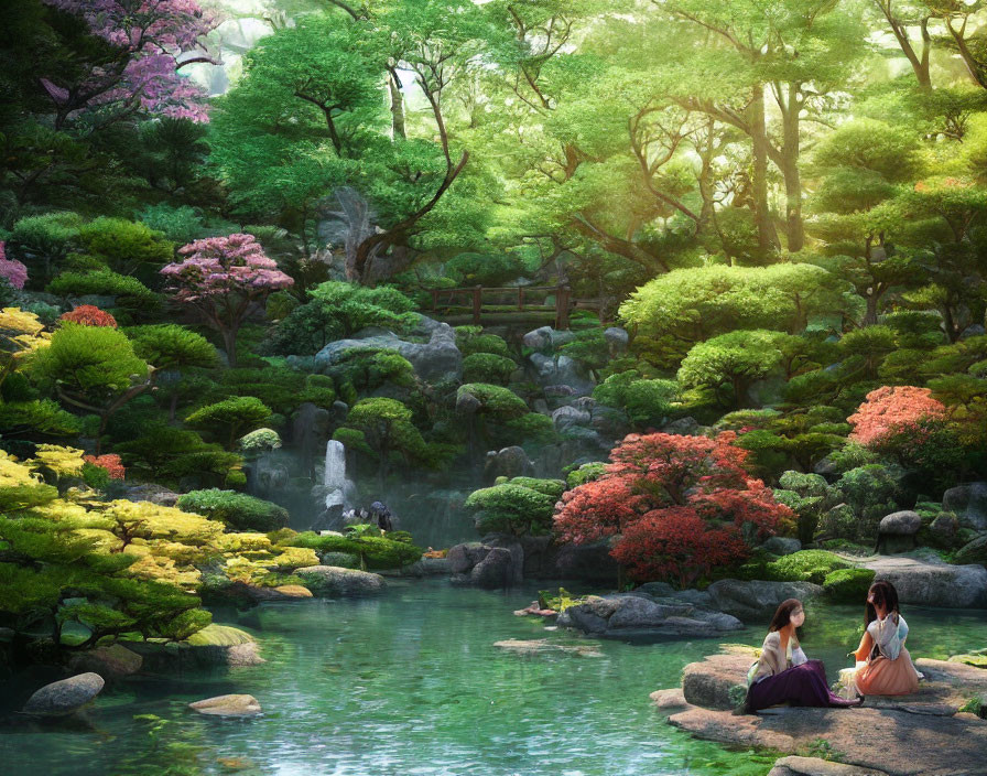 Tranquil pond scene with two individuals and waterfall in lush garden