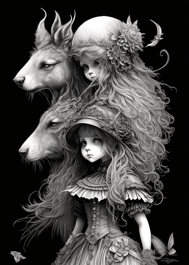 Monochromatic artwork: Two girls, stylized wolves, intricate floral and leaf patterns