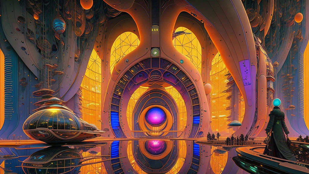 Futuristic colorful interior with glowing orb, high arches, and advanced vehicles