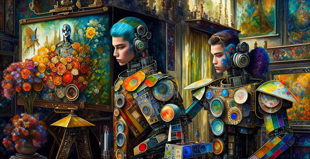 Colorful ornate robots with human-like features on vibrant tapestries