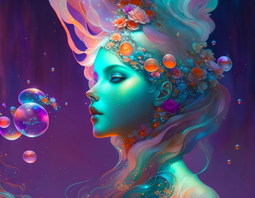 Illustration of woman with floral hair adornments in glowing bubble-filled scene.