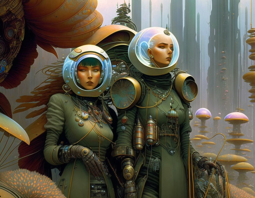 Futuristic spacesuits in front of alien landscape with mechanical structures