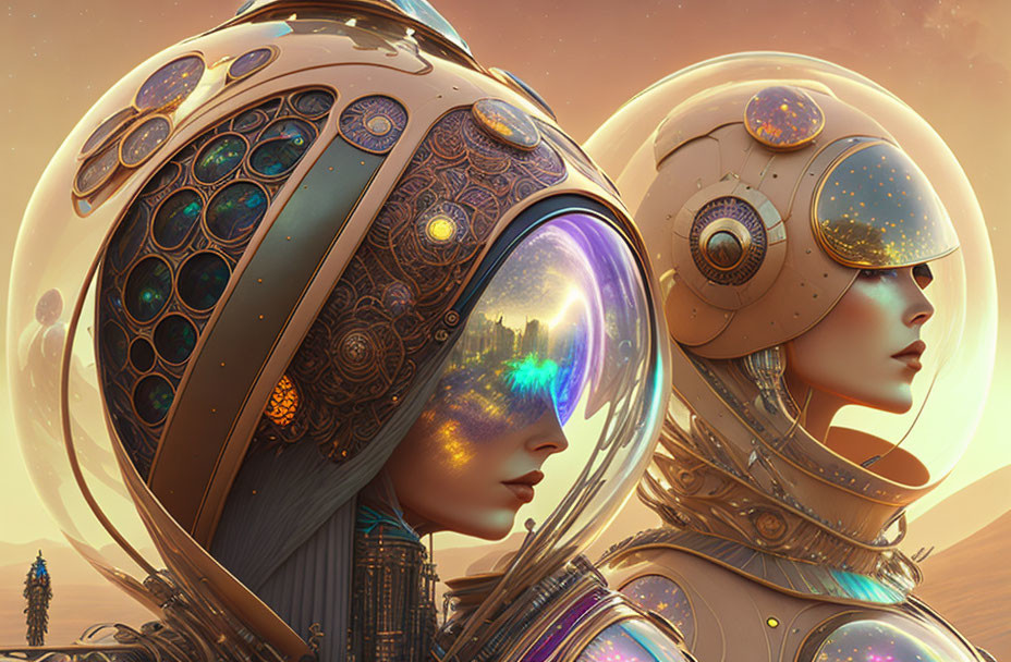 Futuristic individuals in ornate space helmets against desert backdrop