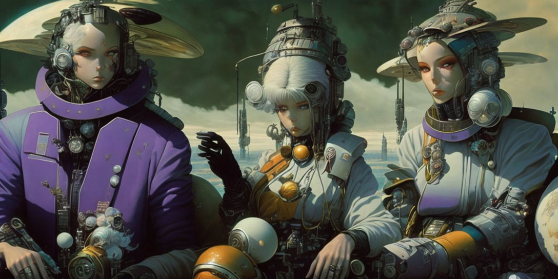 Futuristic individuals in elaborate headgear and mechanical suits in green-hued environment