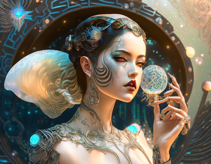 Elaborately adorned female figure with headgear and tattoos gazes at glowing orb