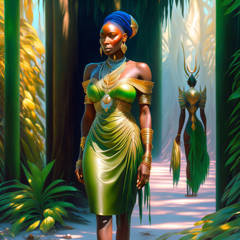 Blue-skinned woman in golden attire with armored figure in mystical forest