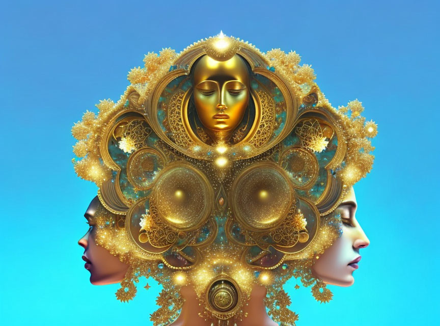 Symmetrical golden face with floral metallic patterns in digital art